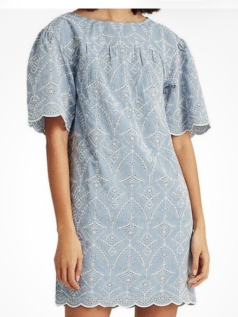 Lauren Ralph Lauren Blue Embroidered Eyelet Elbow Sleeve Shift Dress Size 8